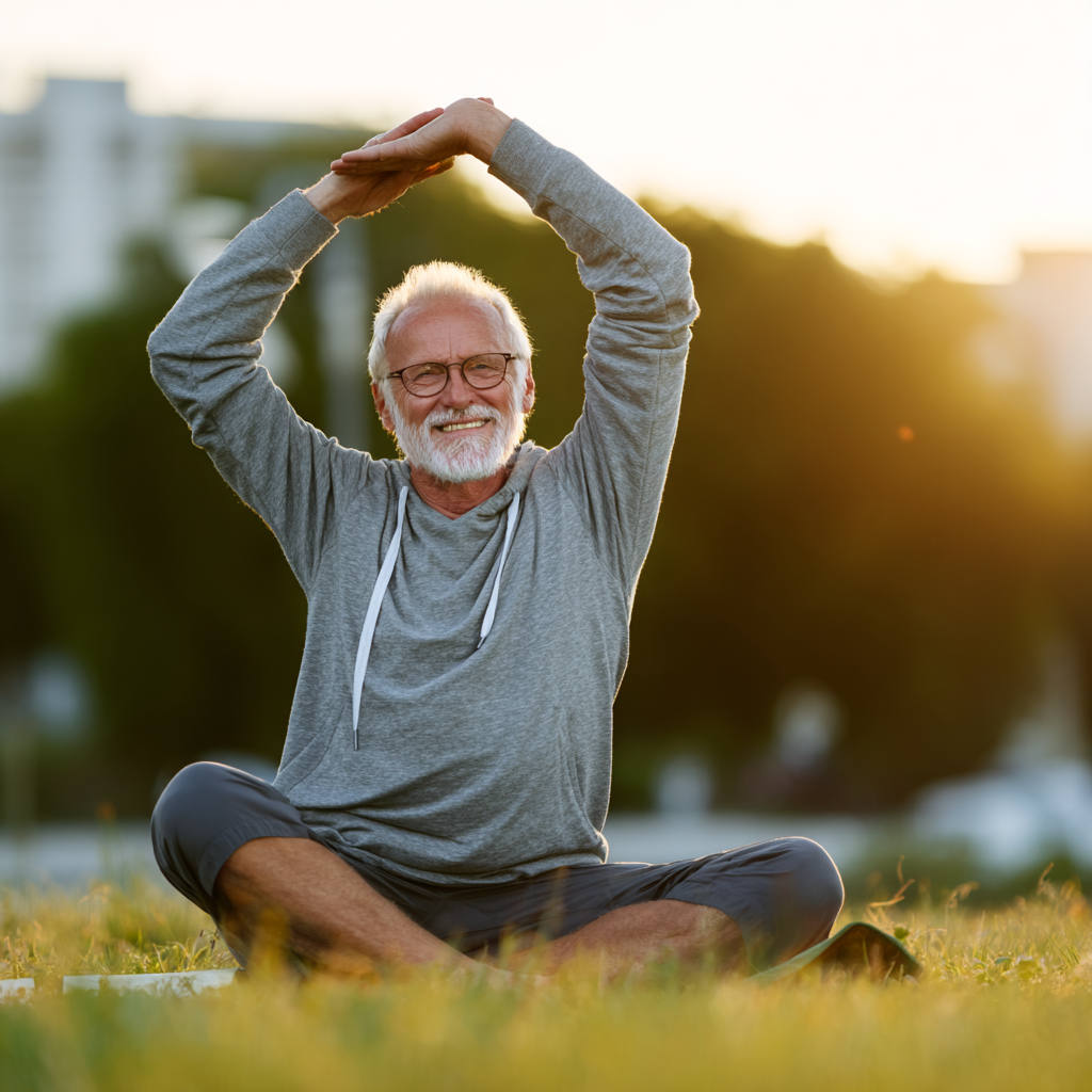 Чоловік європейської зовнішності 40-50 років з усмішкою виконує вправи для зміцнення суглобів у світлому приміщенні, демонструючи здоровий спосіб життя