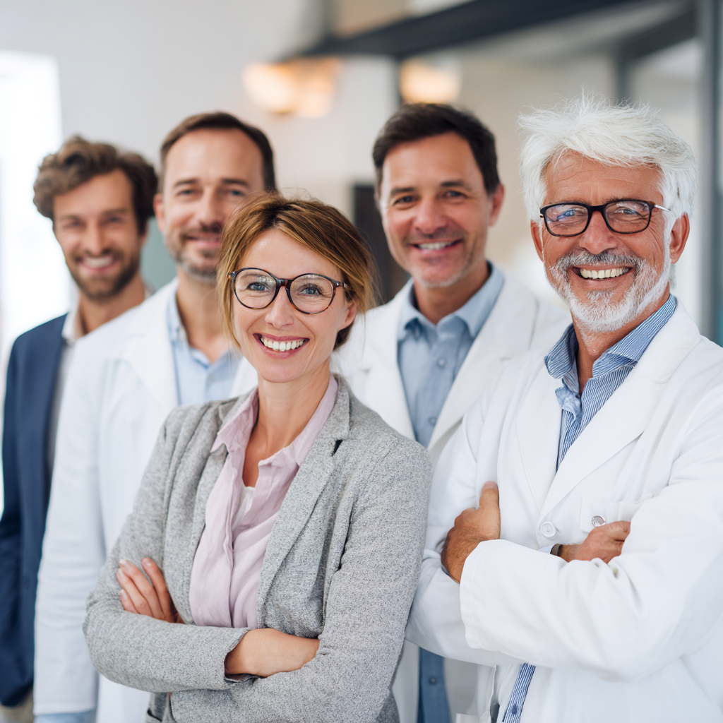 Команда професіоналів європейської зовнішності різного віку з усмішками в медичному кабінеті, що демонструють дружню атмосферу та професійний підхід до здоров'я суглобів